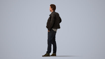 3D human model man casual standing, photogrammetry scanned person for archviz, three-quarter view render
