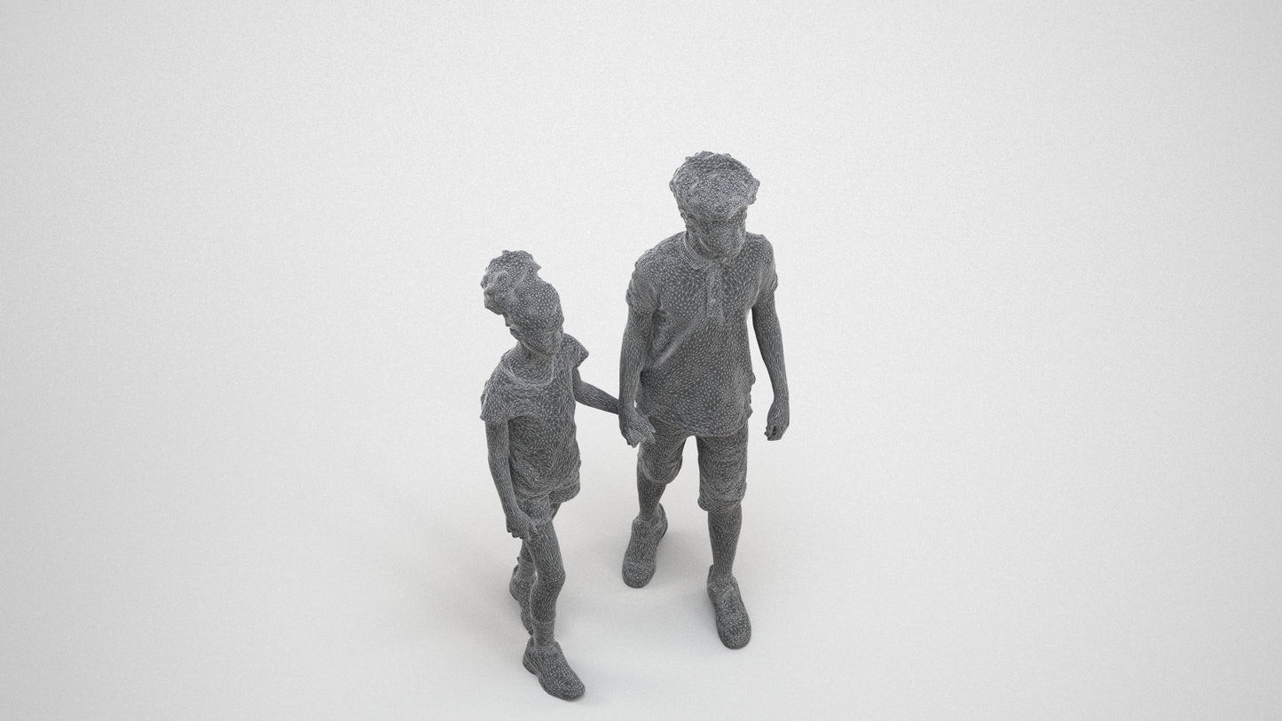 3D human model girl casual kids, photogrammetry scanned person for archviz, wireframe three-quarter view