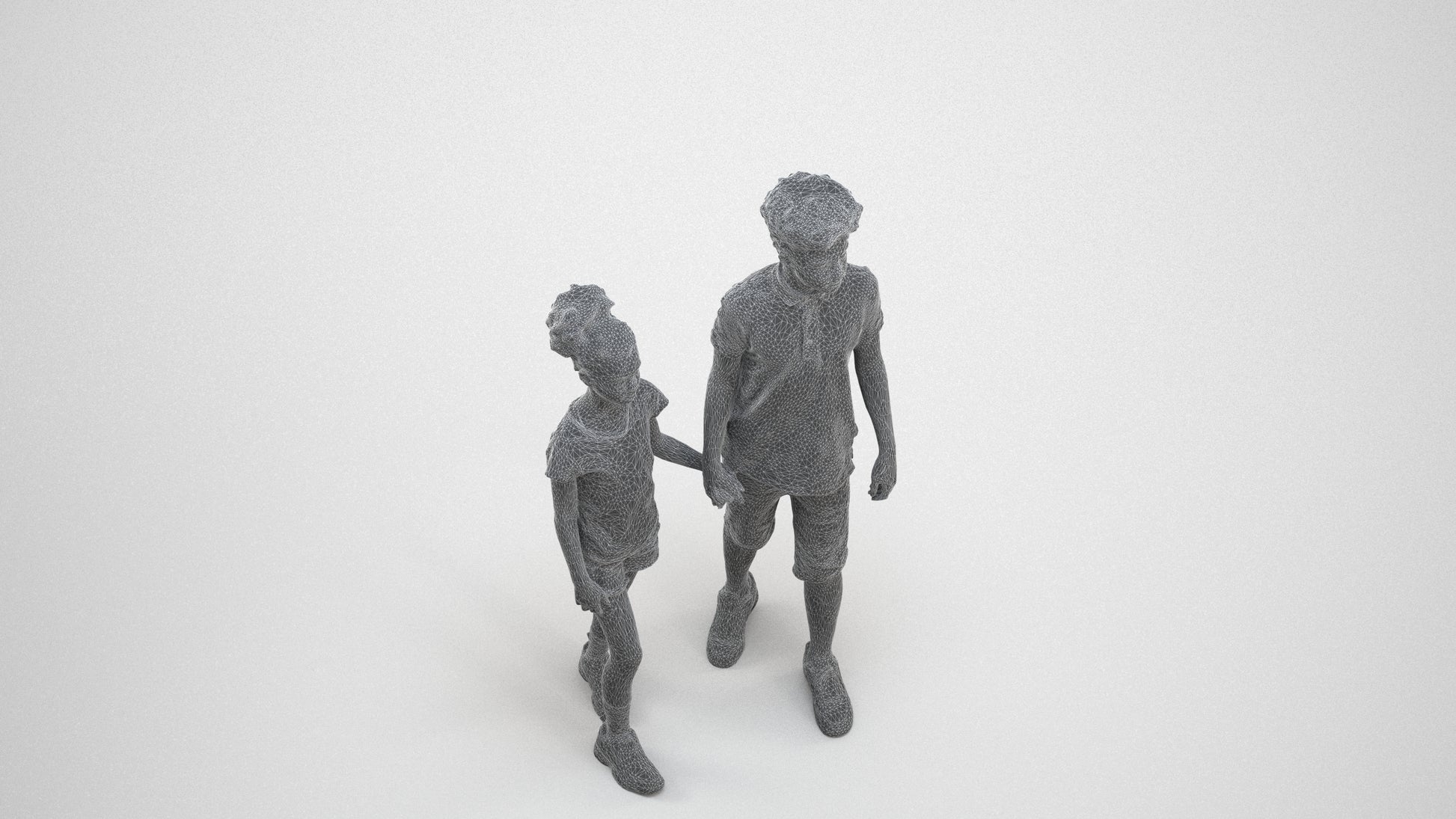 3D human model girl casual kids, photogrammetry scanned person for archviz, wireframe three-quarter view