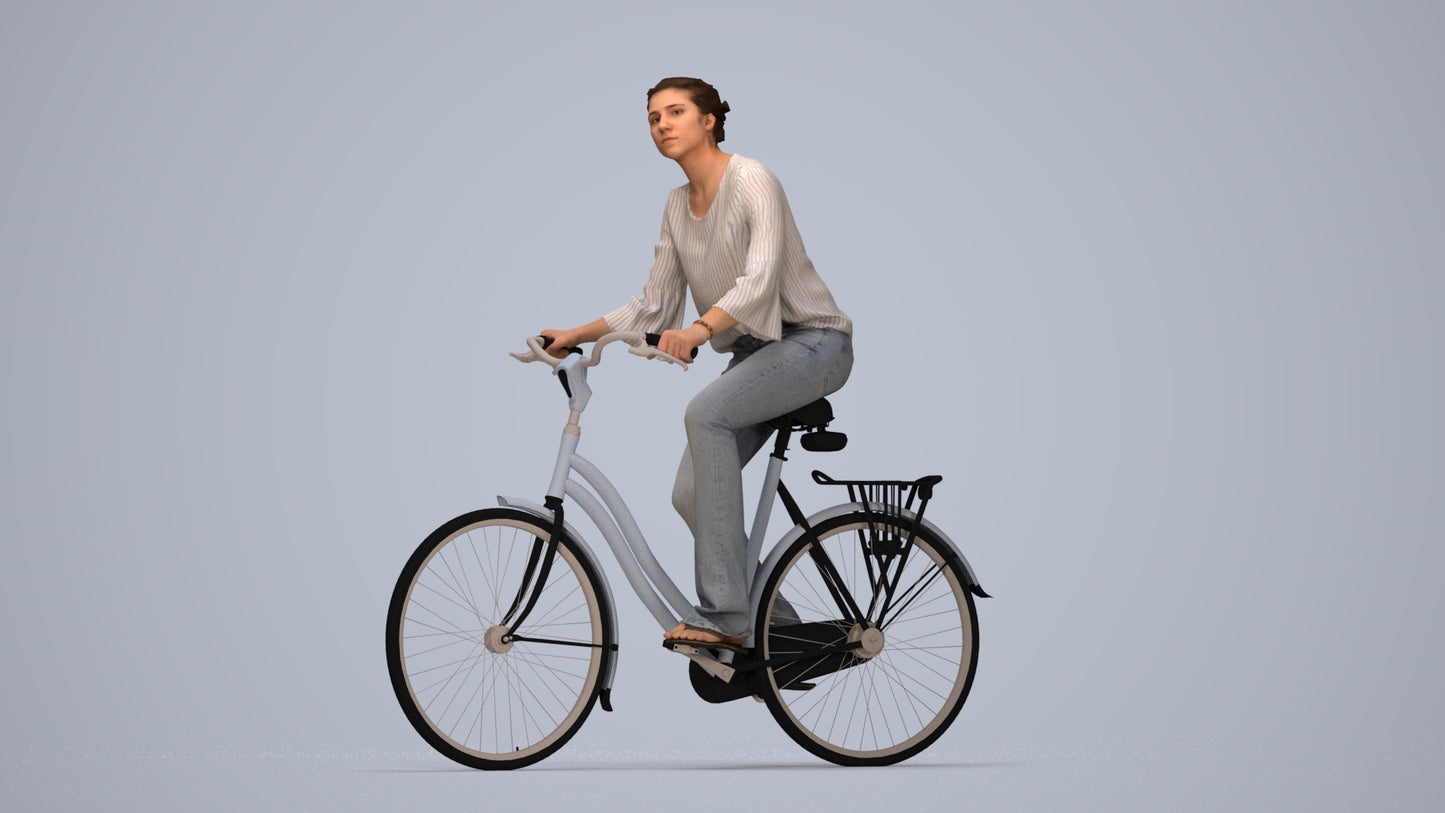 realistic 3D human woman casual cycling, archviz people FBX OBJ for Blender, top-down view render