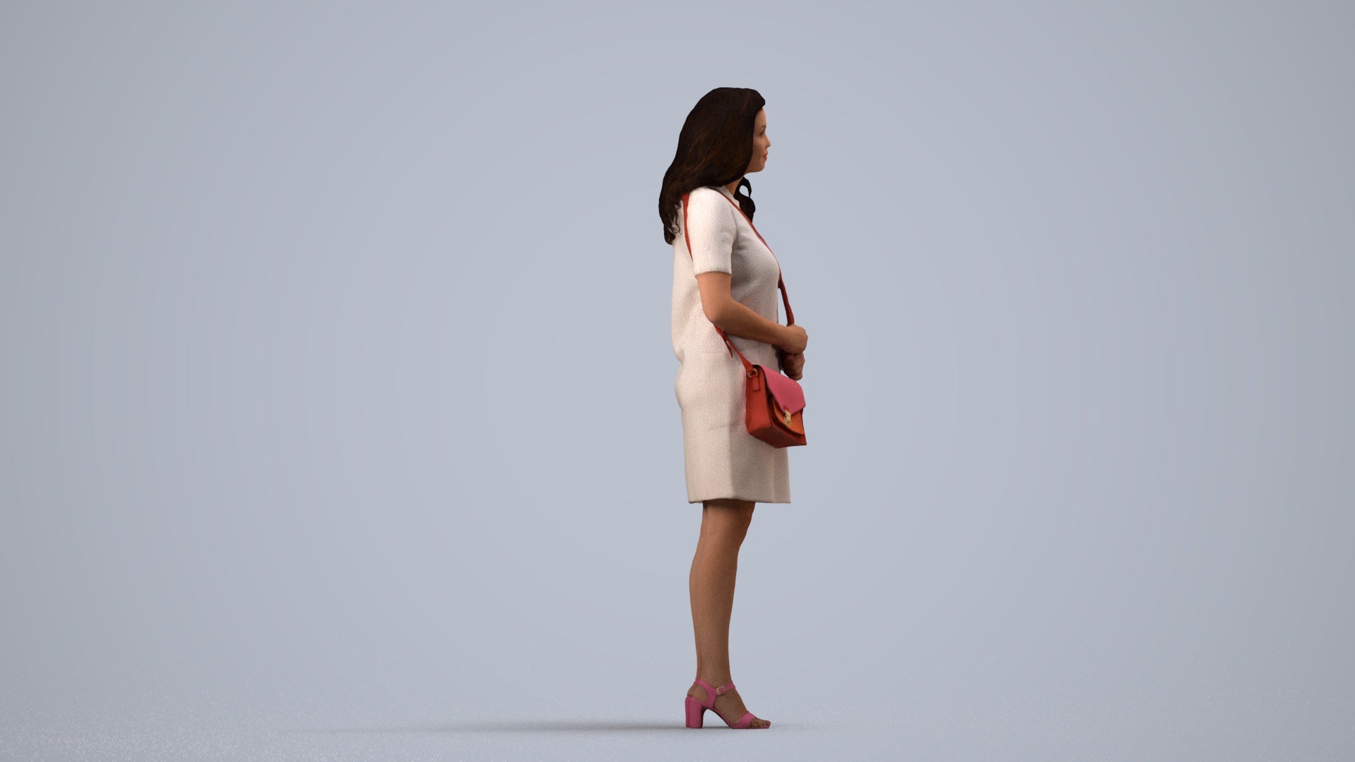 realistic 3D woman business standing, scanned archviz people for Blender and 3ds Max, side view render