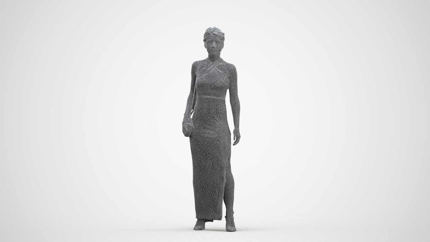 3D human model woman formal formalaffairs, photogrammetry scanned person for archviz, three-quarter front view render