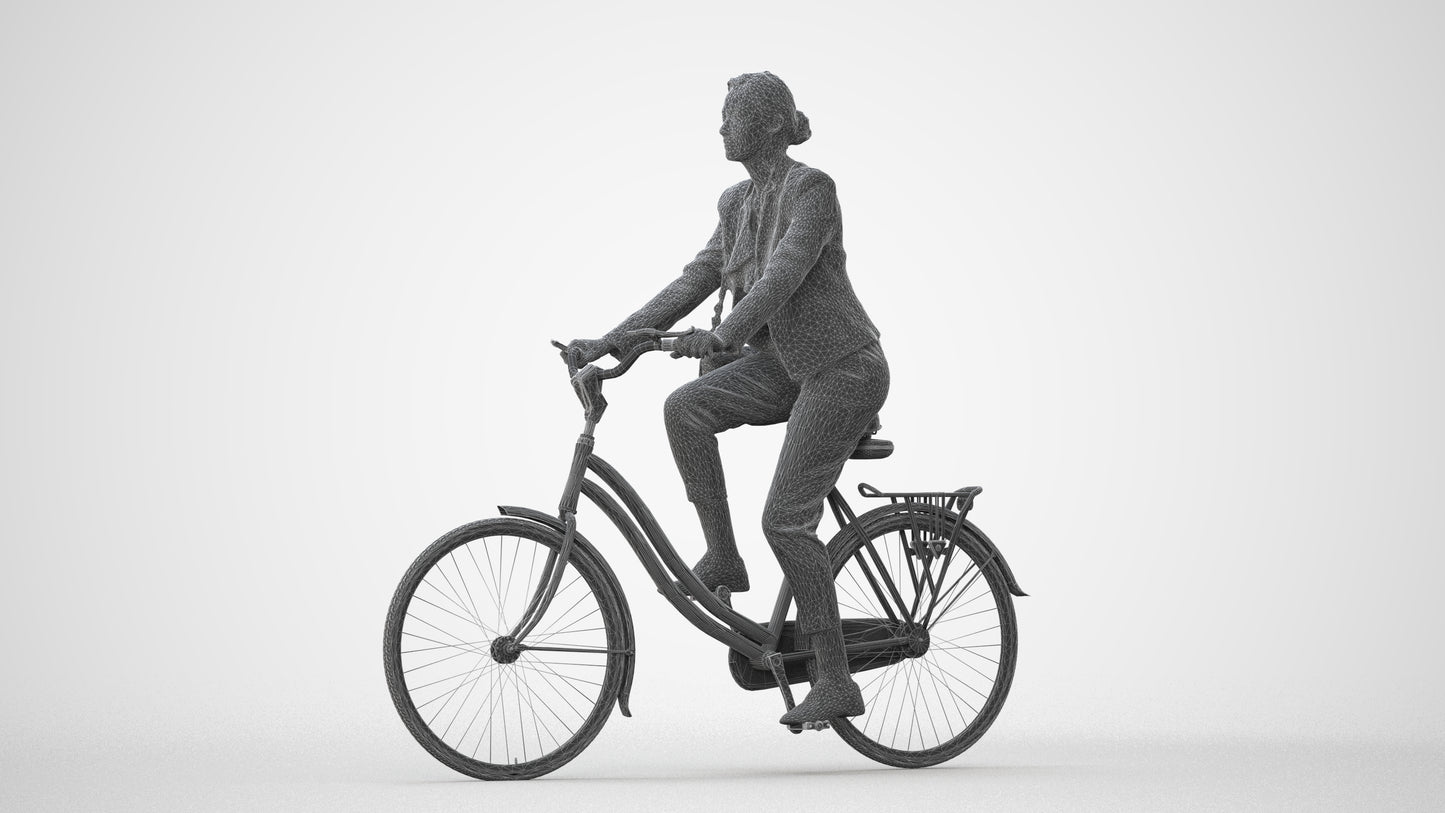 realistic 3D woman business cycling, scanned archviz people for Blender and 3ds Max, square thumbnail