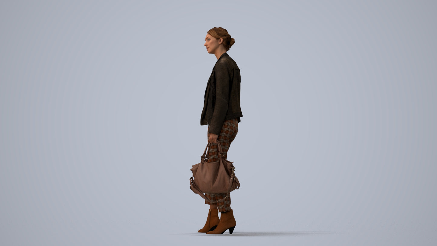 realistic 3D human woman business standing, archviz people FBX OBJ for Blender, three-quarter view render
