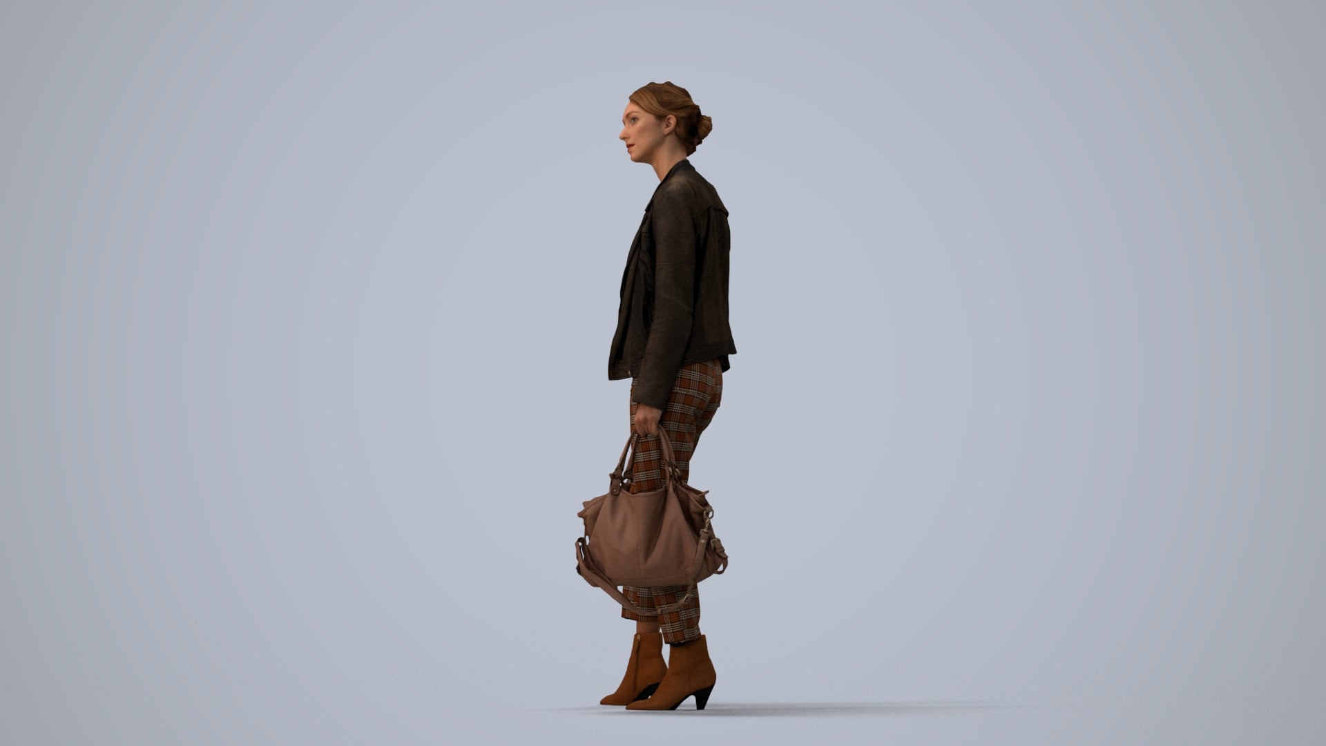 realistic 3D human woman business standing, archviz people FBX OBJ for Blender, three-quarter view render