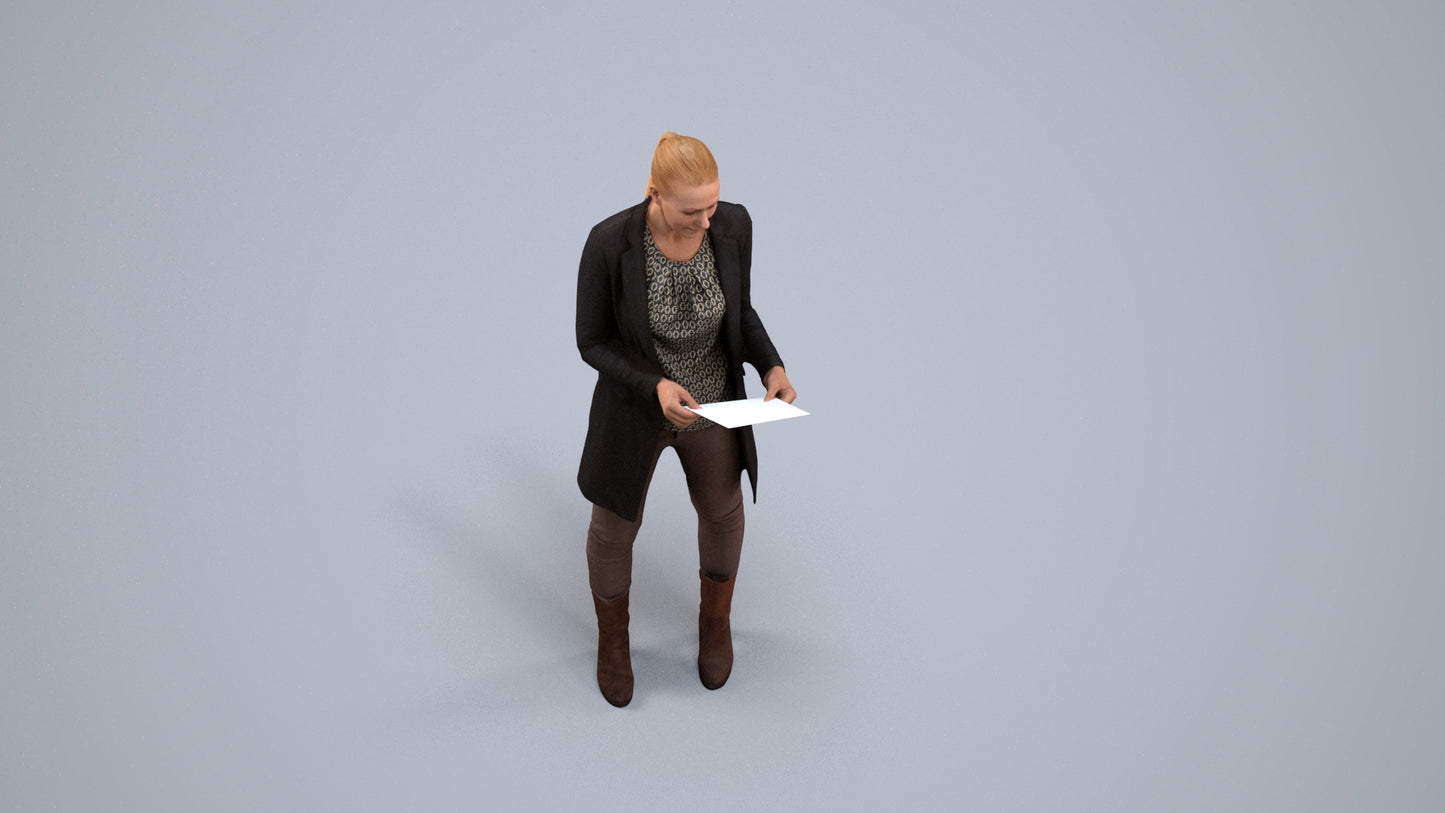 scanned 3D woman business standing, photogrammetry people for Enscape and V-Ray, back view render