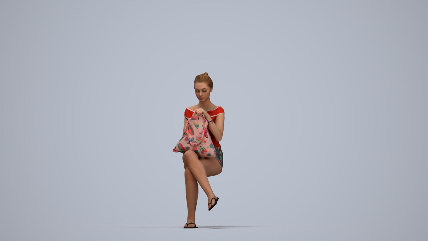 3D human model girl casual sitting, photogrammetry scanned person for archviz, top-down view render
