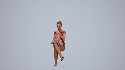 3D human model girl casual sitting, photogrammetry scanned person for archviz, top-down view render