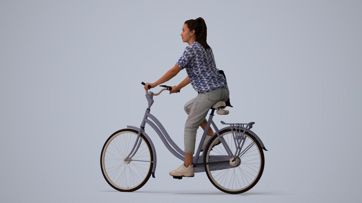 3D human model woman casual cycling, photogrammetry scanned person for archviz, three-quarter view render