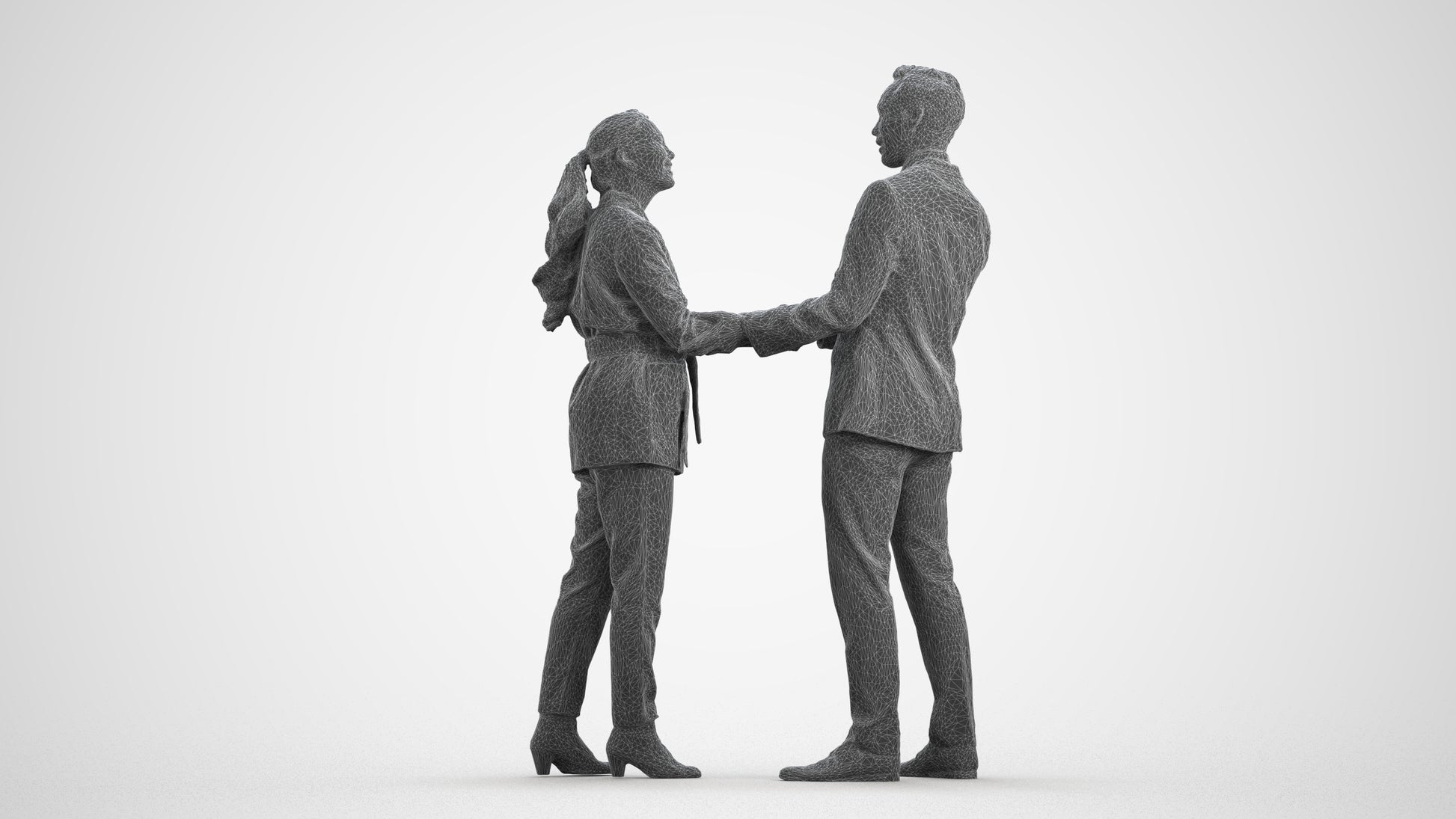 3D human model woman formal business, photogrammetry scanned person for archviz, wireframe front view