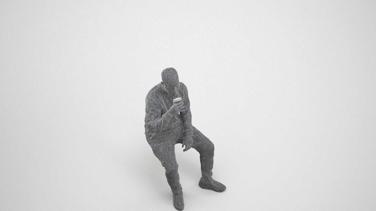 3D people model man casual sitting, scanned human for 3ds Max rendering, wireframe three-quarter view
