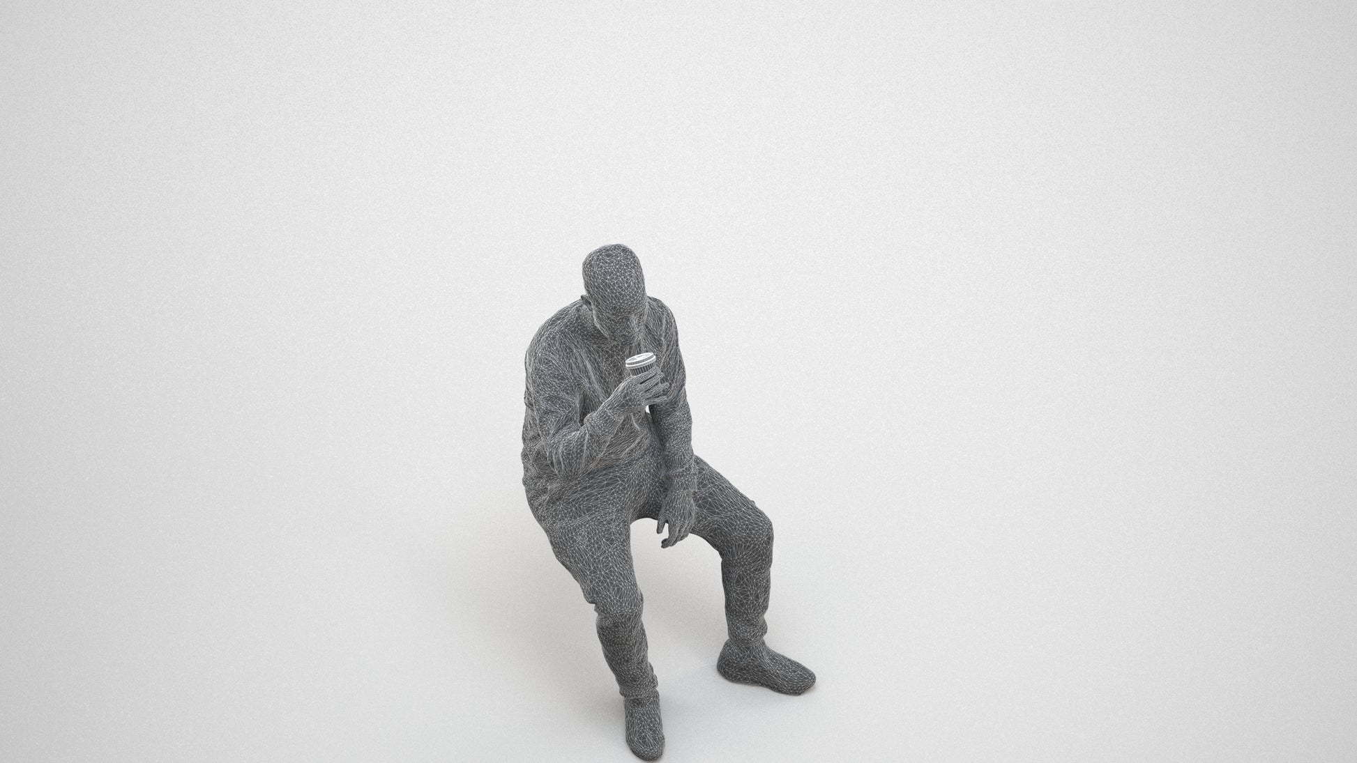 3D people model man casual sitting, scanned human for 3ds Max rendering, wireframe three-quarter view