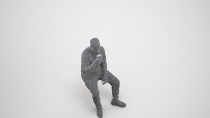 3D people model man casual sitting, scanned human for 3ds Max rendering, wireframe three-quarter view