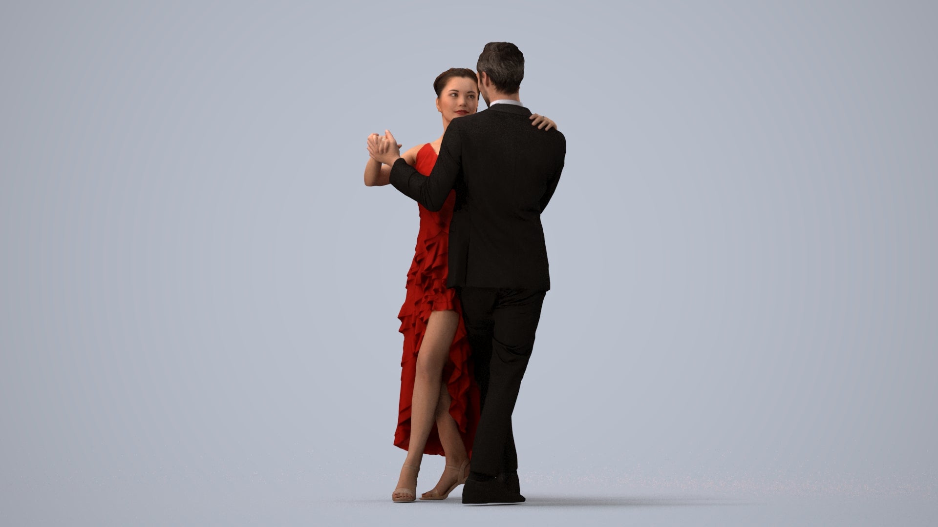 3D human model woman formal dancing, photogrammetry scanned person for archviz, three-quarter view render