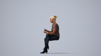 realistic 3D people senior woman casual sitting, render-ready for V-Ray and Corona, FBX OBJ, three-quarter view render