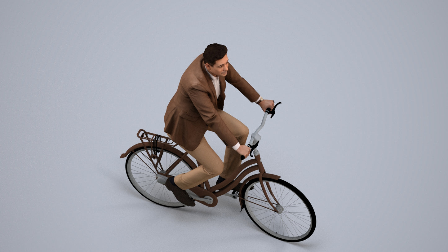 photogrammetry 3D man business cycling, realistic human model archviz FBX, back view render