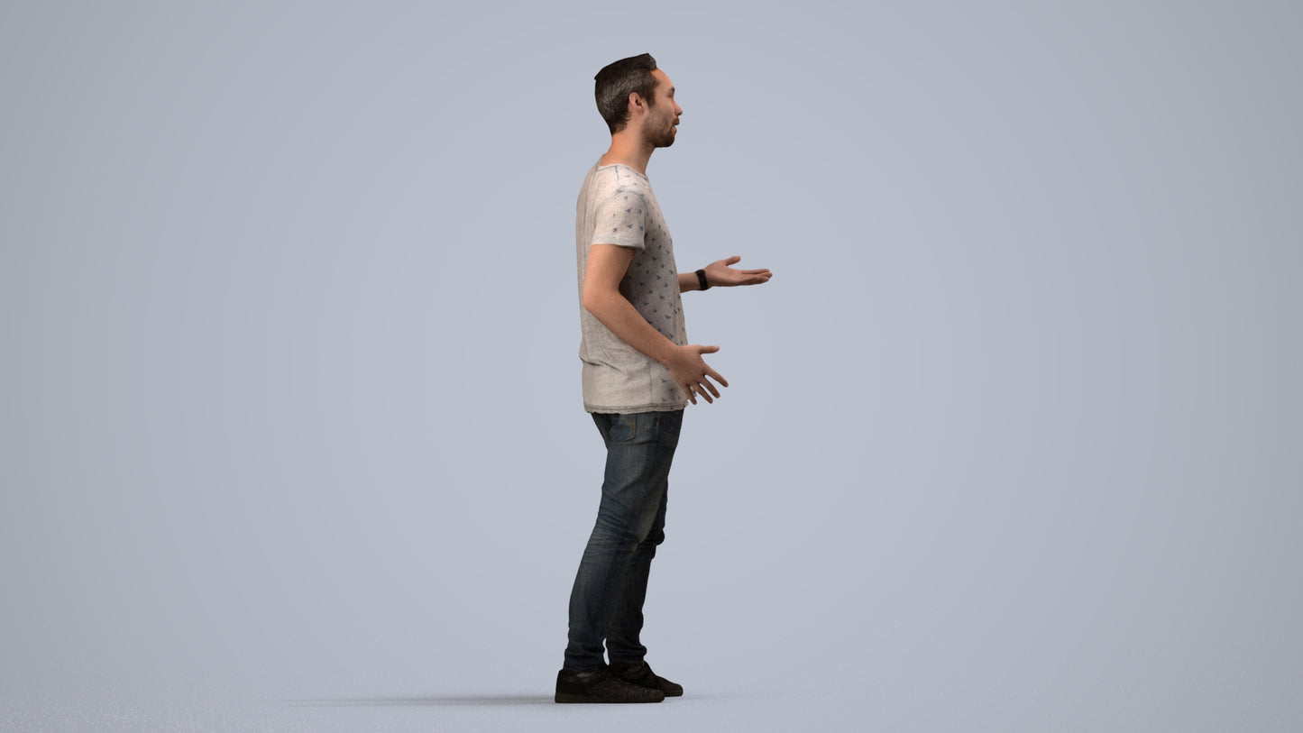 realistic 3D human man casual standing, archviz people FBX OBJ for Blender, side view render