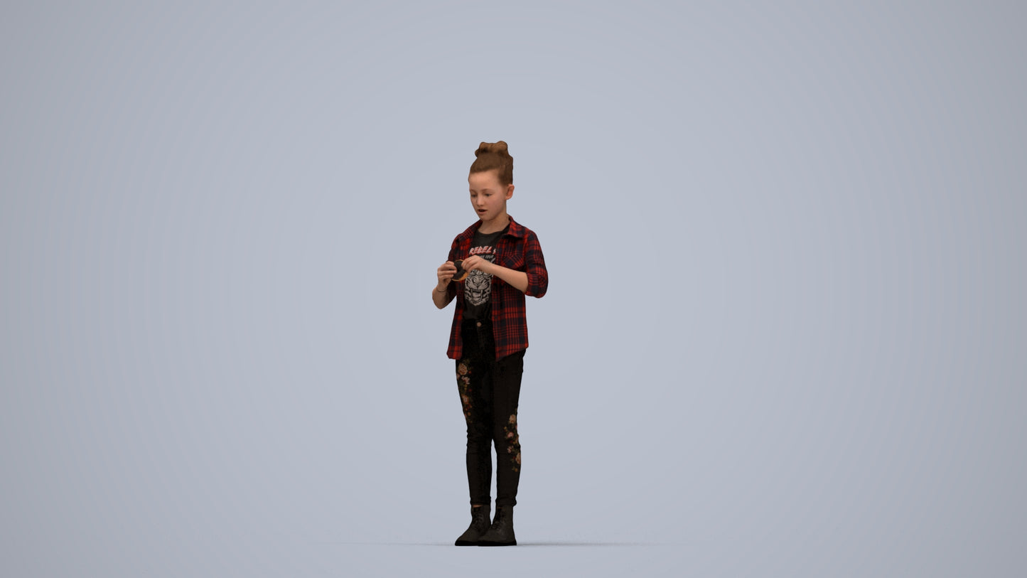 photogrammetry 3D girl casual kids, realistic human model archviz FBX, top-down view render