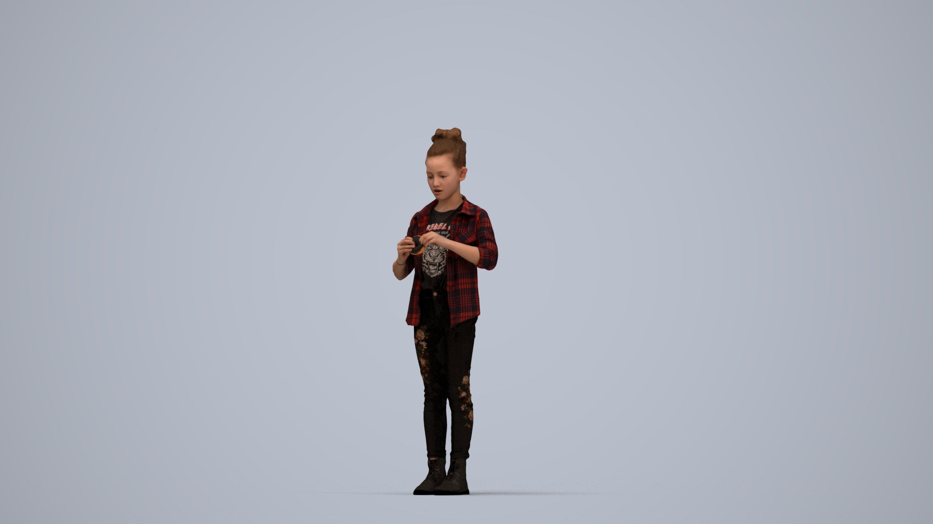 photogrammetry 3D girl casual kids, realistic human model archviz FBX, top-down view render