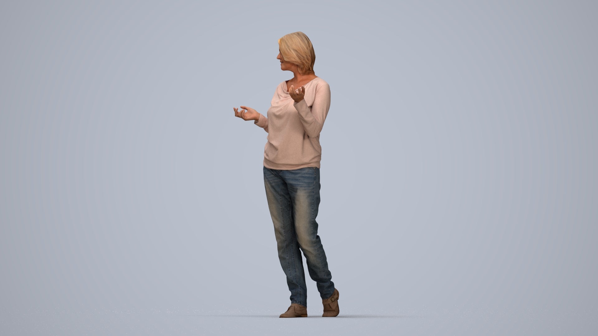 realistic 3D human woman casual walking, archviz people FBX OBJ for Blender, top-down view render