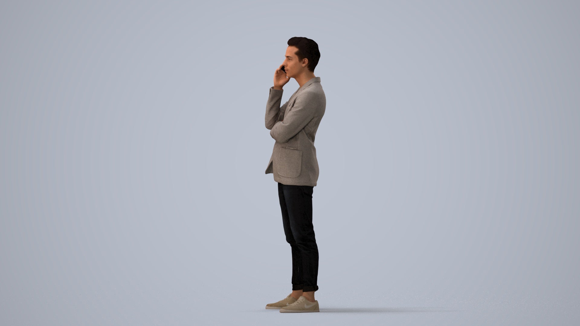 photogrammetry 3D man business standing, realistic human model archviz FBX, three-quarter view render