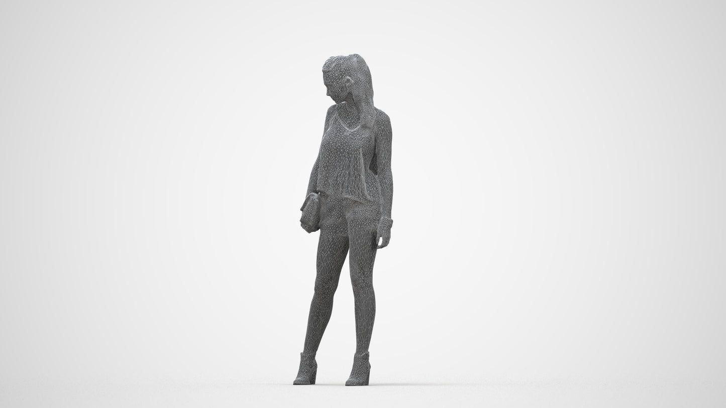 3D scanned girl standing casual, photorealistic archviz people for Enscape and SketchUp, wireframe back view