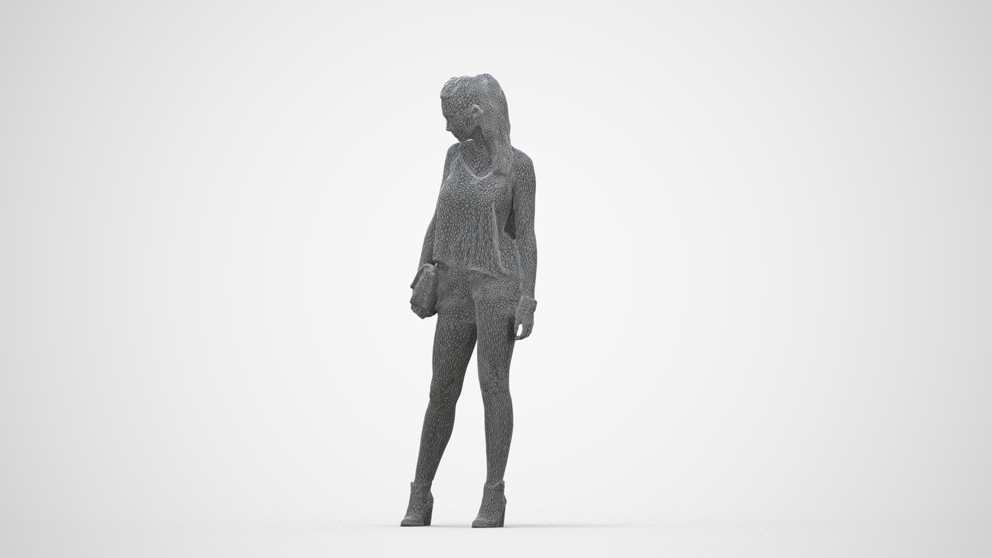 3D scanned girl standing casual, photorealistic archviz people for Enscape and SketchUp, wireframe back view