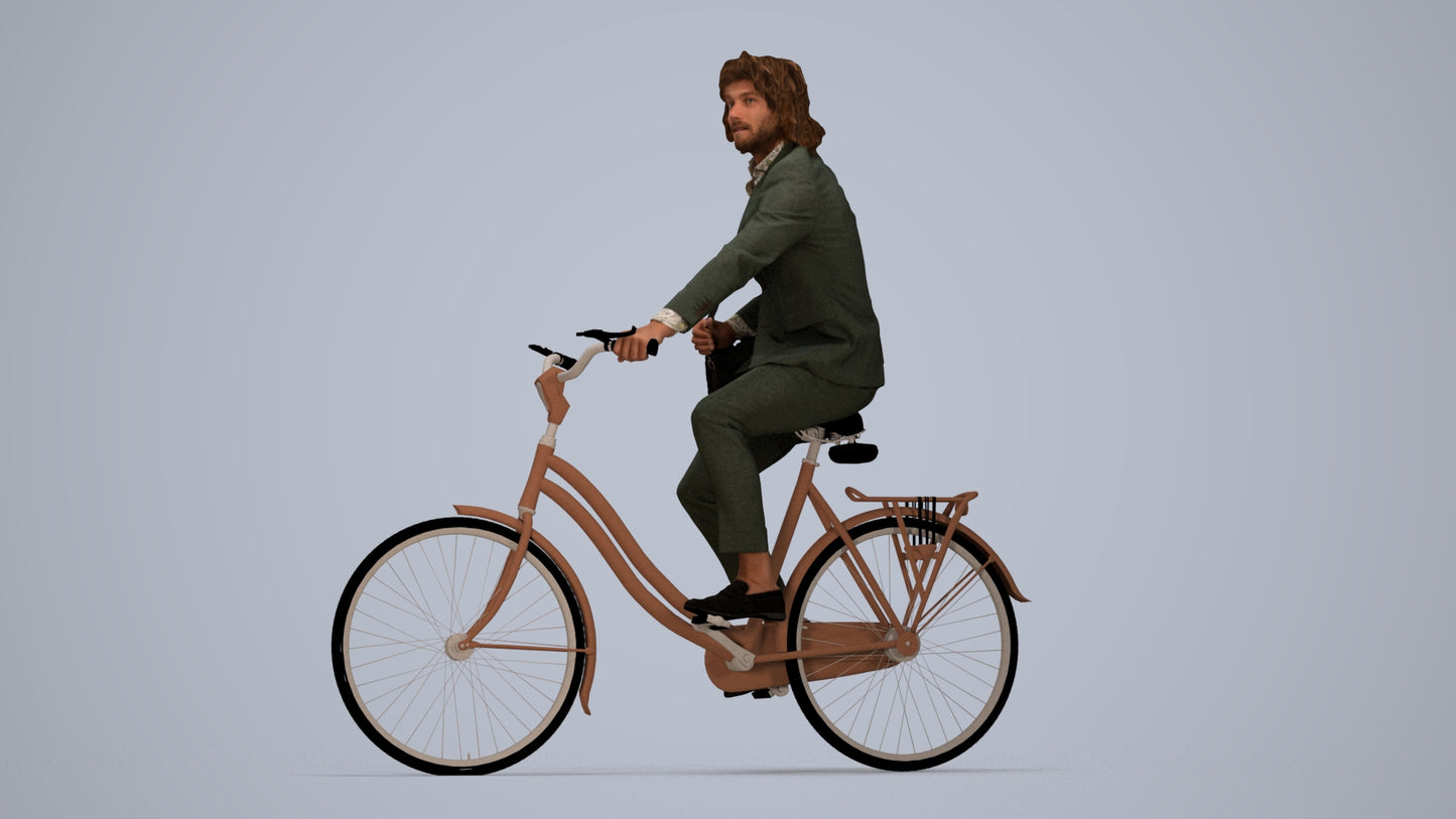 3D human model man business cycling, photogrammetry scanned person for archviz, top-down view render