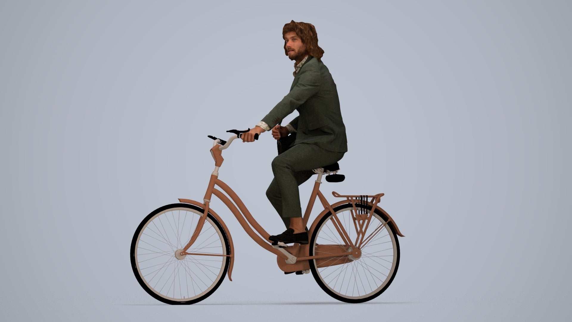 3D human model man business cycling, photogrammetry scanned person for archviz, top-down view render