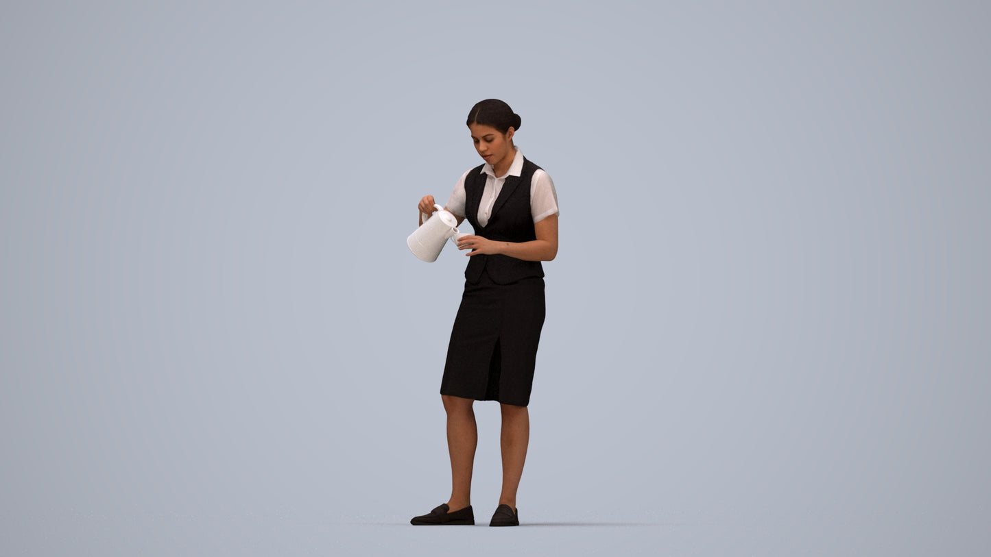 realistic 3D woman hospitality, scanned archviz people for Blender and 3ds Max, top-down view render