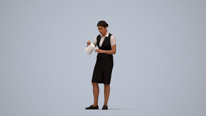 realistic 3D woman hospitality, scanned archviz people for Blender and 3ds Max, top-down view render