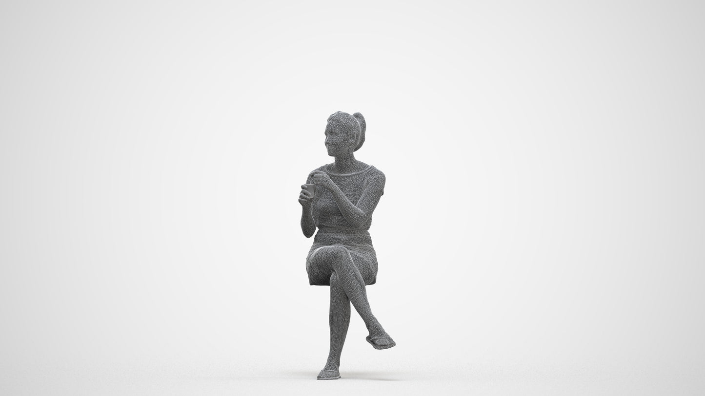 realistic 3D woman casual sitting, scanned archviz people for Blender and 3ds Max, three-quarter front view render