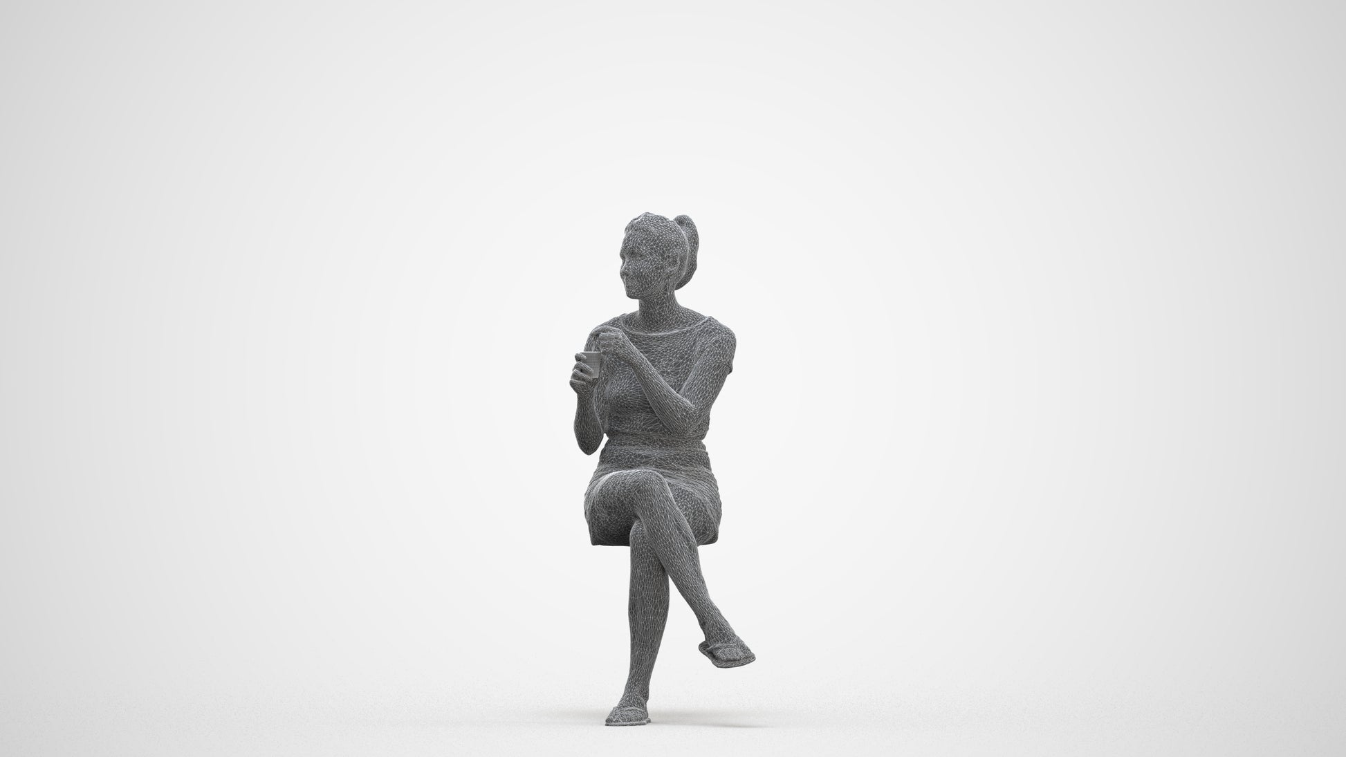 realistic 3D woman casual sitting, scanned archviz people for Blender and 3ds Max, three-quarter front view render