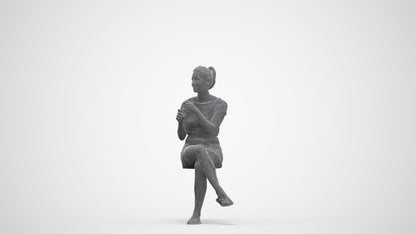 realistic 3D woman casual sitting, scanned archviz people for Blender and 3ds Max, three-quarter front view render