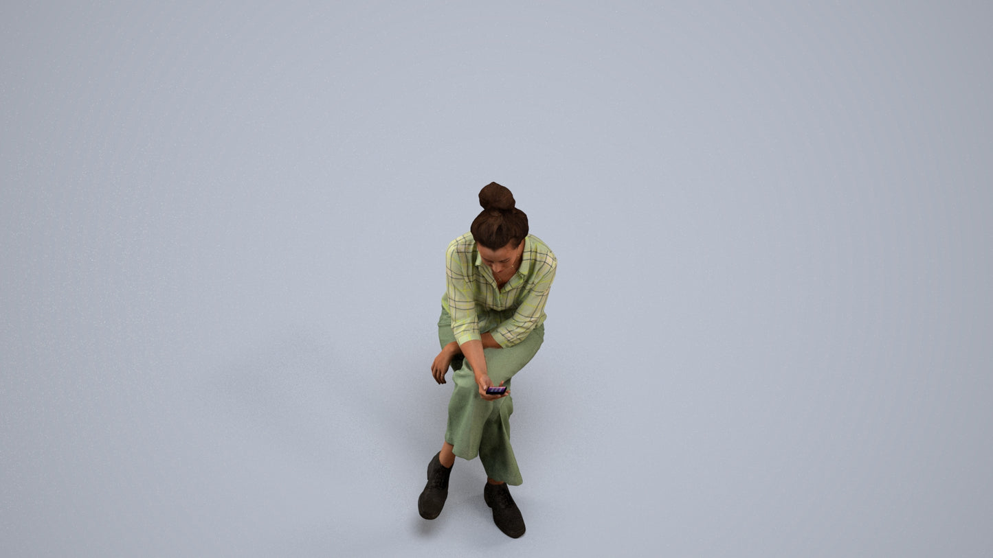 photogrammetry 3D woman casual sitting, realistic human model archviz FBX, back view render