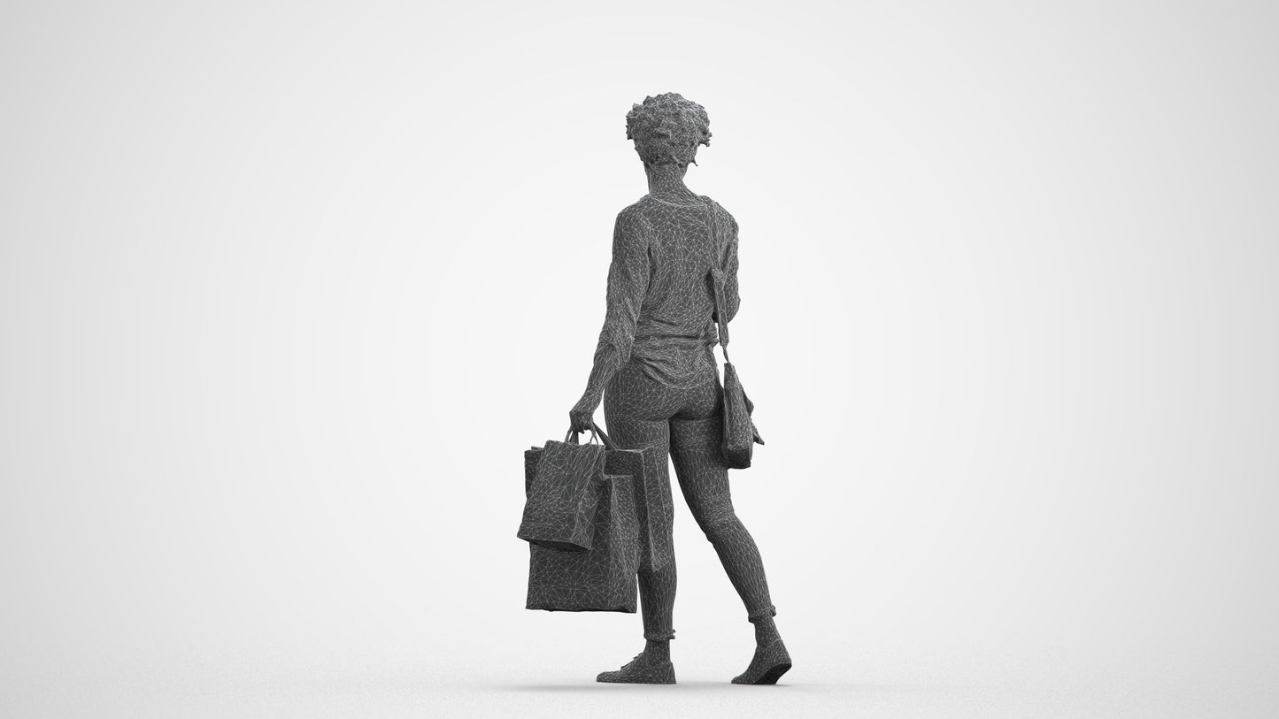 3D human model woman casual standing, photogrammetry scanned person for archviz, wireframe front view