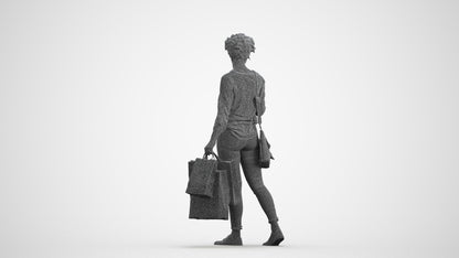 3D human model woman casual standing, photogrammetry scanned person for archviz, wireframe front view