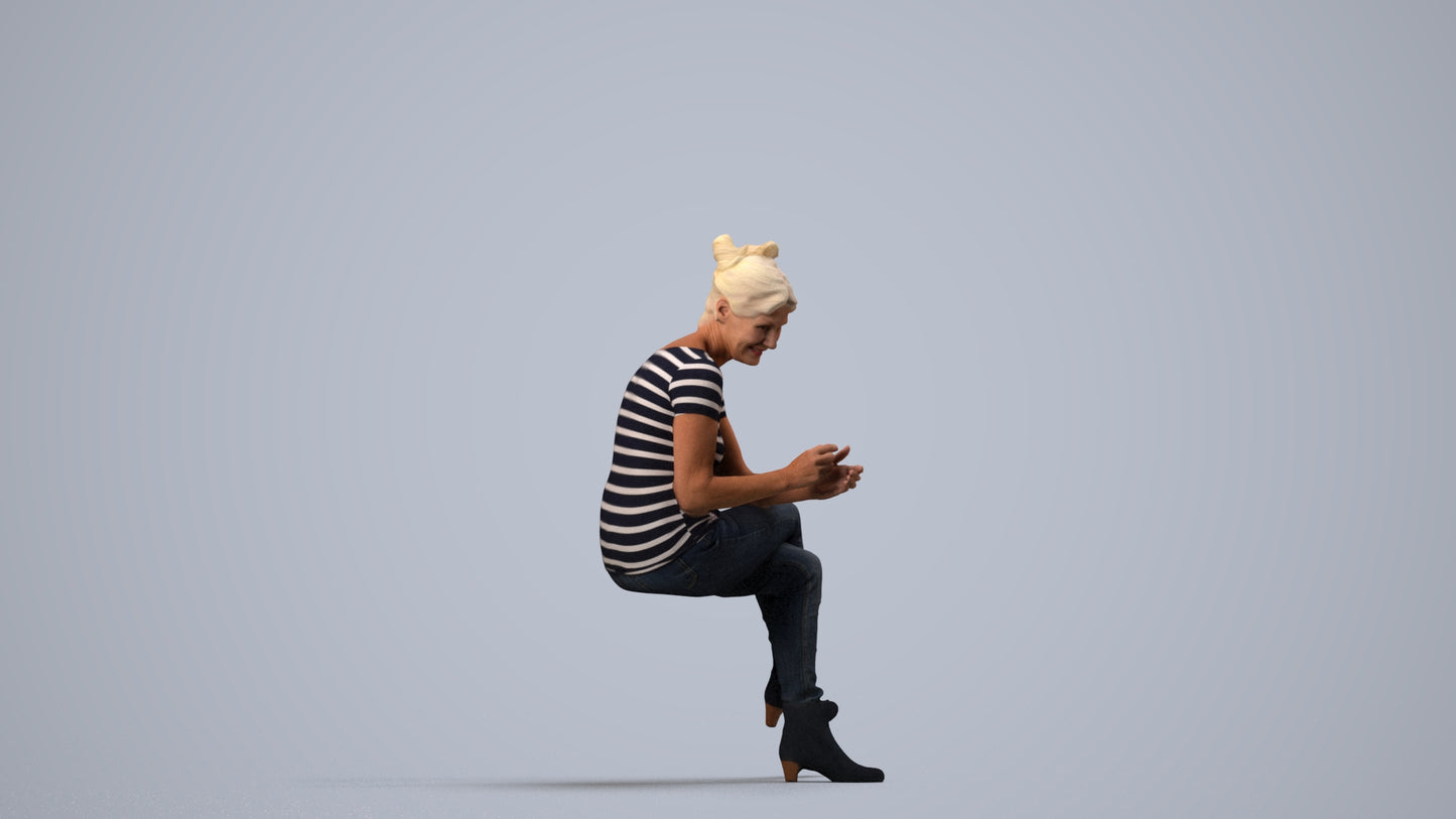 3D people model senior woman casual sitting, scanned human for 3ds Max rendering, side view render