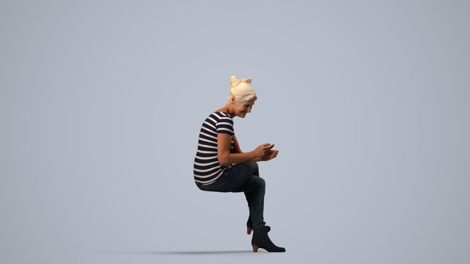 3D people model senior woman casual sitting, scanned human for 3ds Max rendering, side view render