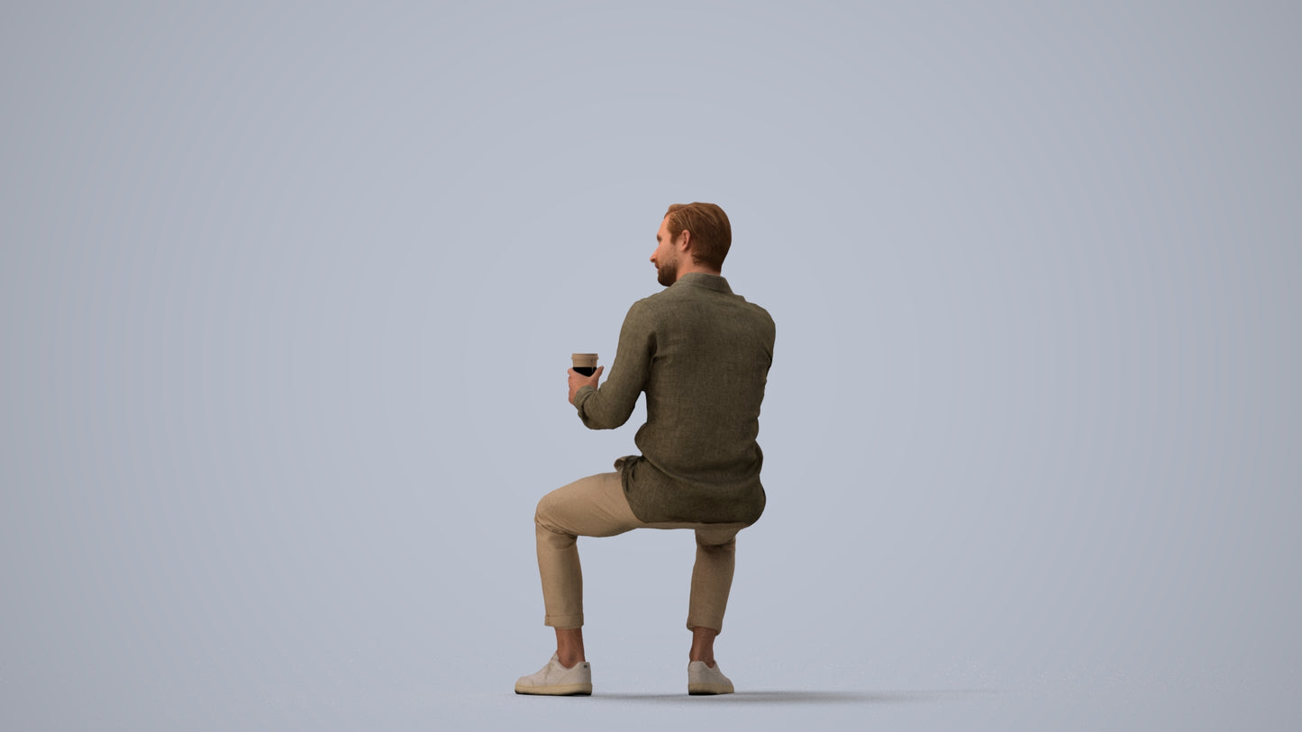 realistic 3D people man casual sitting, render-ready for V-Ray and Corona, FBX OBJ, three-quarter view render