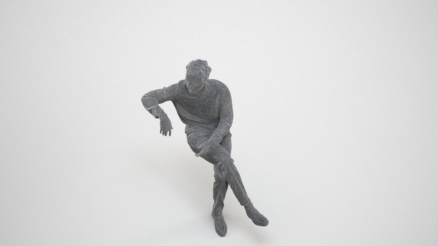 scanned 3D man casual sitting, photogrammetry people for Enscape and V-Ray, wireframe three-quarter view