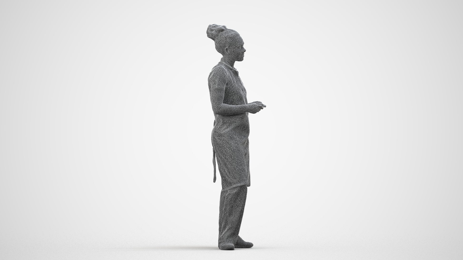 scanned 3D woman hospitality, photogrammetry people for Enscape and V-Ray, wireframe side view