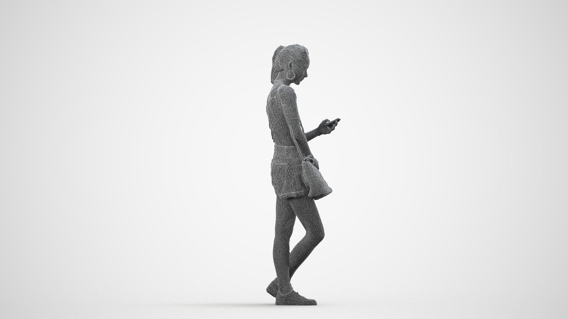 photogrammetry 3D woman casual standing, realistic human model archviz FBX, wireframe side view