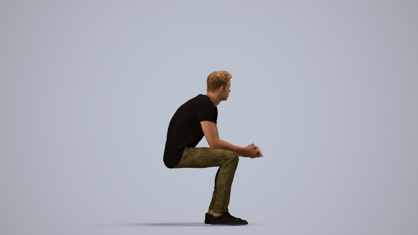 realistic 3D man casual sitting, scanned archviz people for Blender and 3ds Max, side view render