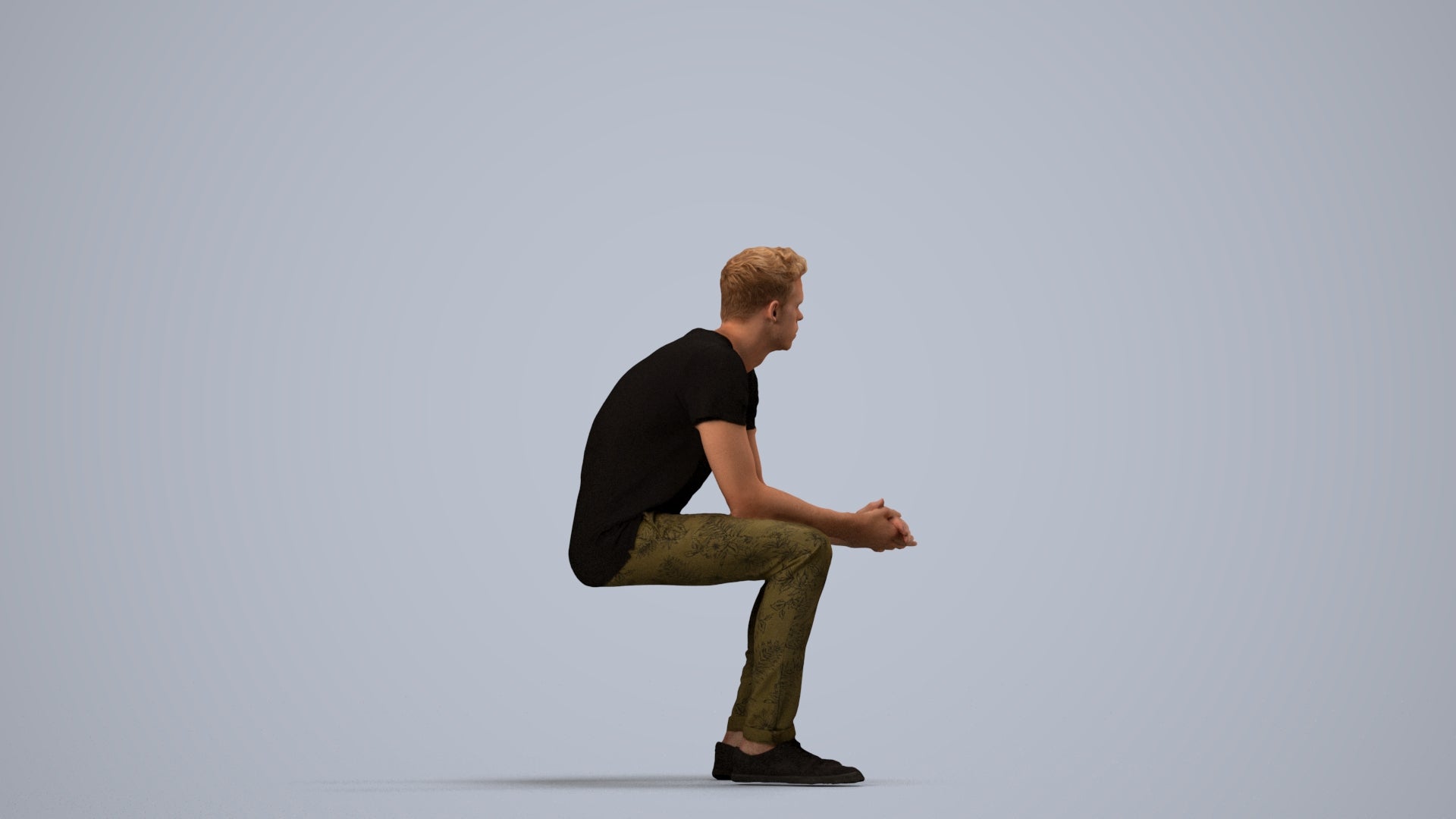 realistic 3D man casual sitting, scanned archviz people for Blender and 3ds Max, side view render