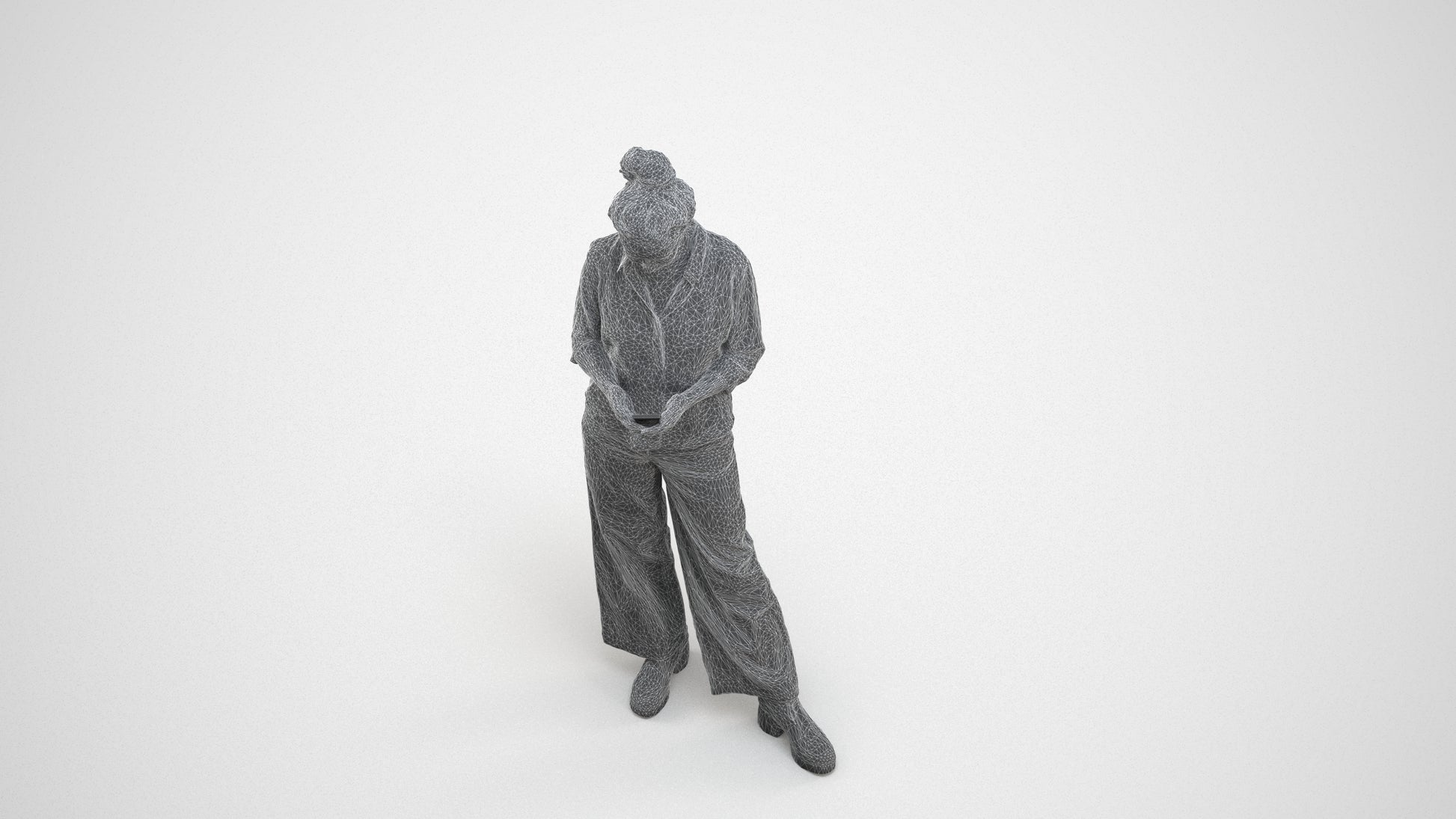 scanned 3D woman casual standing, photogrammetry people for Enscape and V-Ray, wireframe three-quarter view