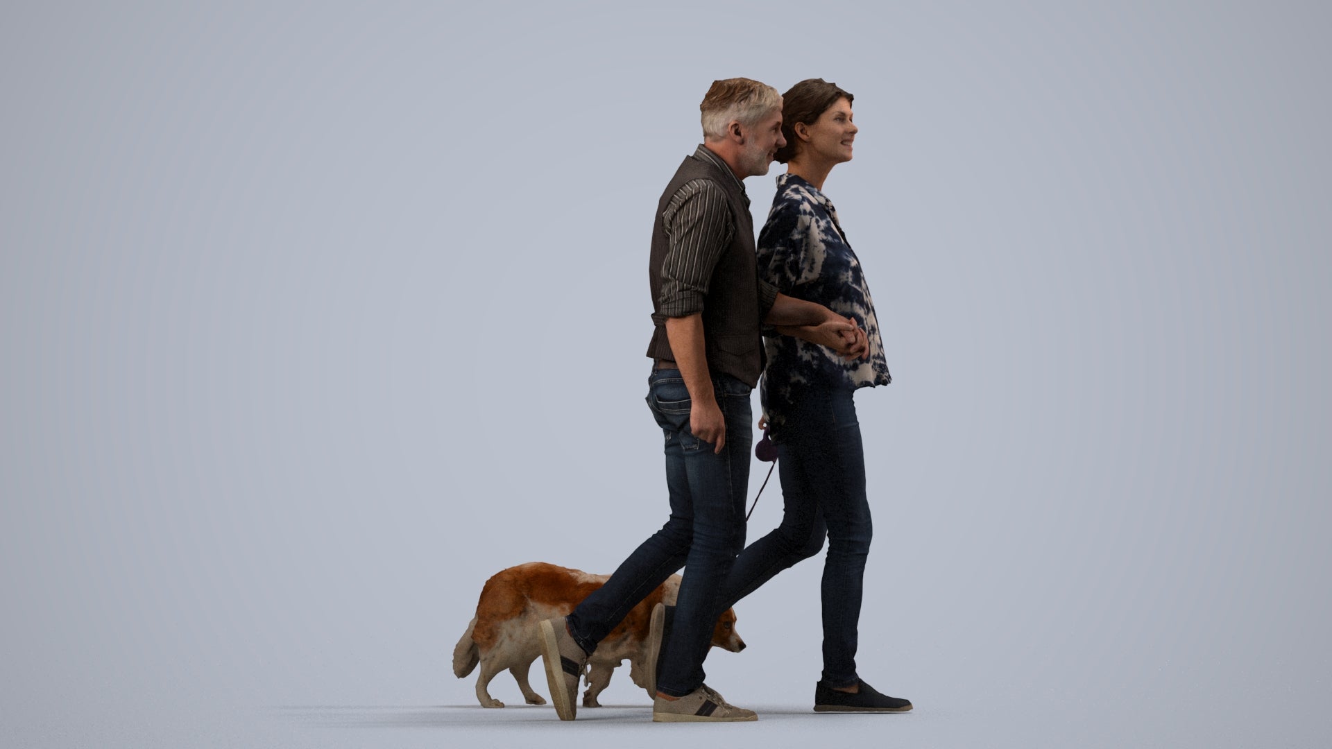 realistic 3D human woman casual couple, archviz people FBX OBJ for Blender, side view render