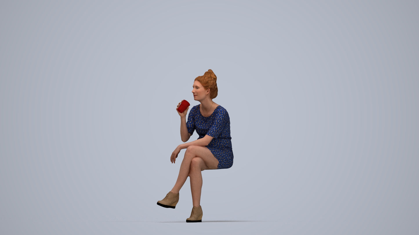 scanned 3D woman casual sitting, photogrammetry people for Enscape and V-Ray, top-down view render