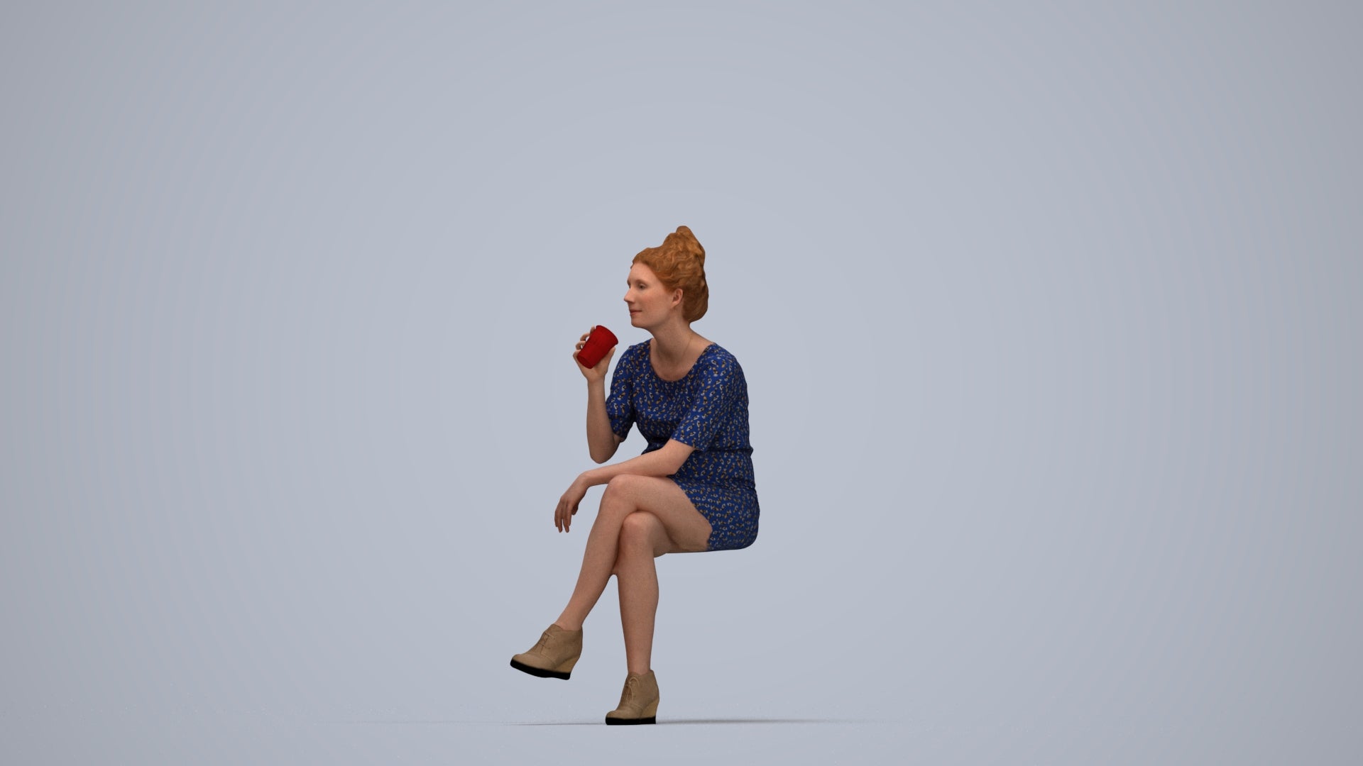 scanned 3D woman casual sitting, photogrammetry people for Enscape and V-Ray, top-down view render