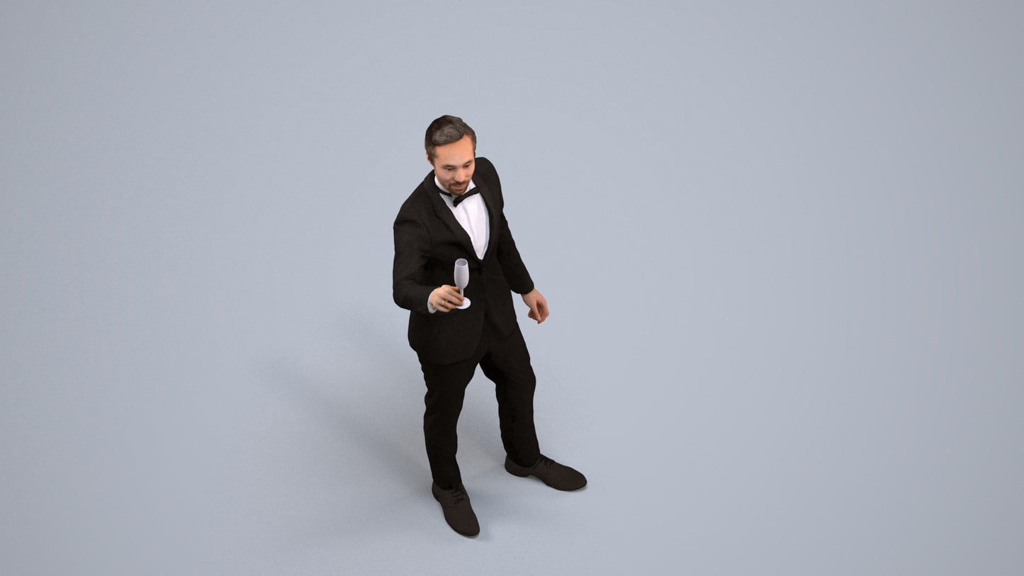 3D human model man formal cycling, photogrammetry scanned person for archviz, back view render